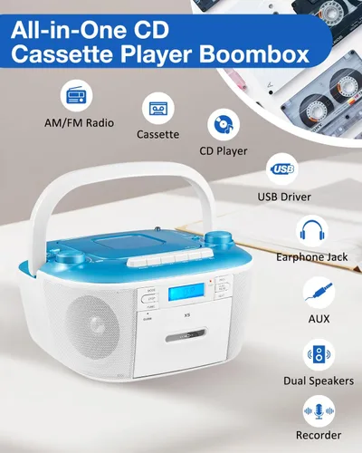 Miniatura 6 de Gelielim Radio portátil AM FM y reproductor de casete de CD Boombox Combo, radio portátil AM/FM para el hogar, sonido estéreo, grabación de cinta