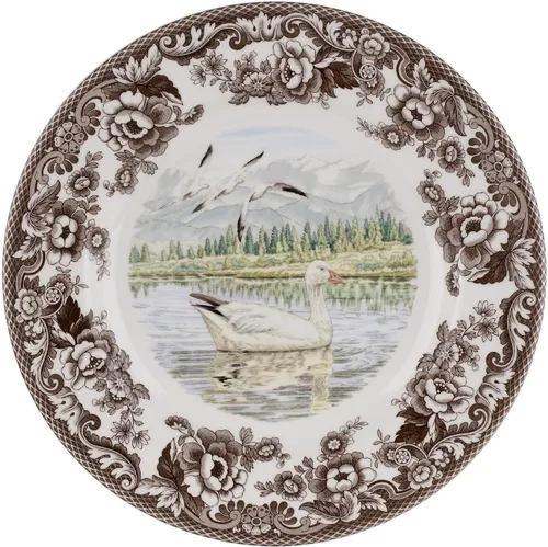 Miniatura 20 de Plato de cena Spode Woodland Red Grouse - 10.5" de loza fina, borde con flores británicas, diseño rústico de animales de caza fabricado
