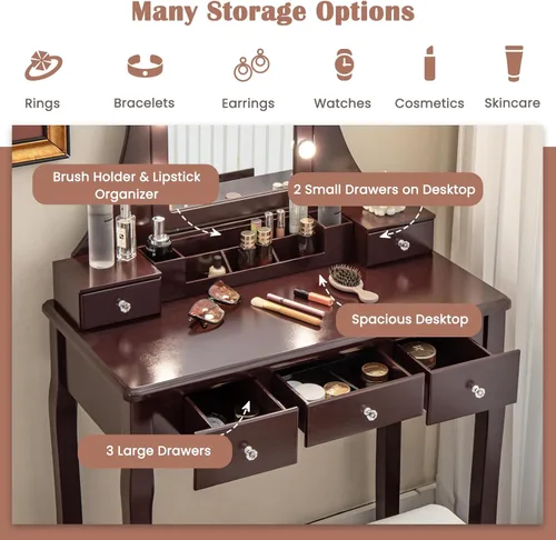 Miniatura 4 de CHARMAID - Mesa de tocador con espejo y luces, mesa de maquillaje con 5 cajones de almacenamiento, 3 modos de iluminación de color, brillo Espresso