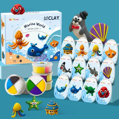 ARTPAR Kit de arcilla de secado al aire para niños, 12 animales marinos, juego de herramientas de escultura de arcilla mágica, antiadherente, Kit
