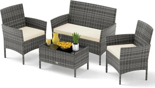 Miniatura 31 de RELAX4LIFE Juego de muebles de patio de 4 piezas – Juego de muebles de ratán para conversación al aire libre con cojines, mesa de centro de cristal