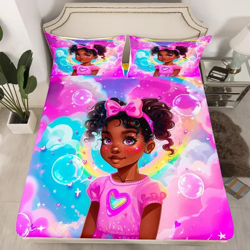 Miniatura 22 de Erosebridal Lindas sábanas negras para niñas, sábana bajera ajustable de niña africana americana, tamaño individual, sábanas psicodélicas moradas