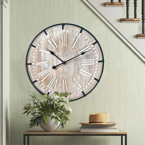 Miniatura 19 de EMAX HOME Reloj de pared grande de granja de 20 pulgadas, cara de grano de madera envejecida negra rústica con números romanos blancos, movimiento