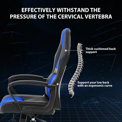 Miniatura 5 de Massage Gaming Chair – Ergonomic Office Desk Chair with Recline Function, PU Leather & Breathable Design, Lumbar Pillow, Adjustable Height, 360° Blue