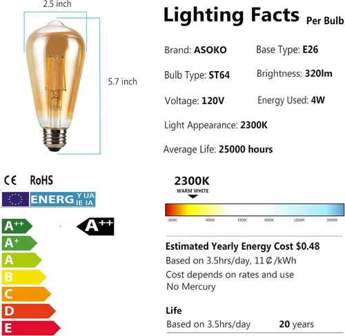 Miniatura 2 de ASOKO Paquete de 4 bombillas Edison regulables, bombillas vintage equivalentes a 40 W, 2200 K-2400 K blanco cálido (vidrio ámbar), ST64, base E26