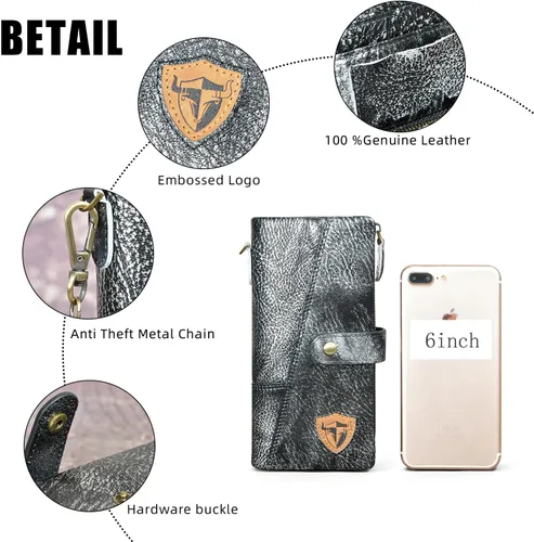 Miniatura 6 de Genuino caballo loco cuero viaje regalo moneda bolsillo tarjeta caso largo organizador cadena Rfid monedero con broche para hombres hombres 1803