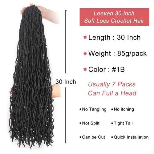 Miniatura 2 de Leeven Rastas de ganchillo sintéticas suaves de 30 pulgadas, 7 paquetes de trenzas de ganchillo color negro natural, estilo bohemio, extensiones