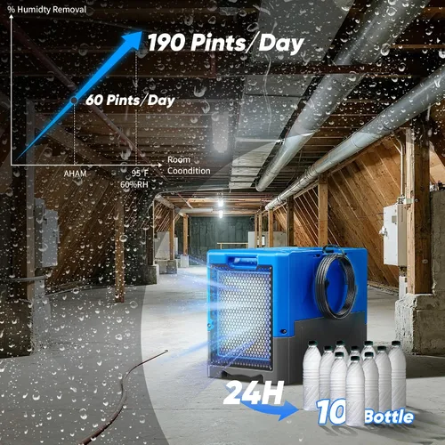 Miniatura 6 de 190PPD Commercial Dehumidifier with Pump for Basement-6000Sq.Ft. Warehouse, Large Space Crawl Space Dehumidifier for Efficient Water Damage Azul