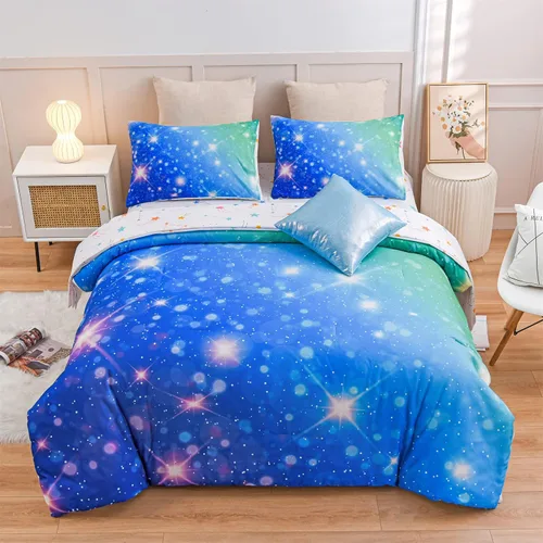 Miniatura 9 de A Nice Night Juego de Edredón para Niñas Tamaño Twin 6 Piezas Cama en una Bolsa Ropa de Cama 3D Colorida Brillante Galaxia Arcoíris