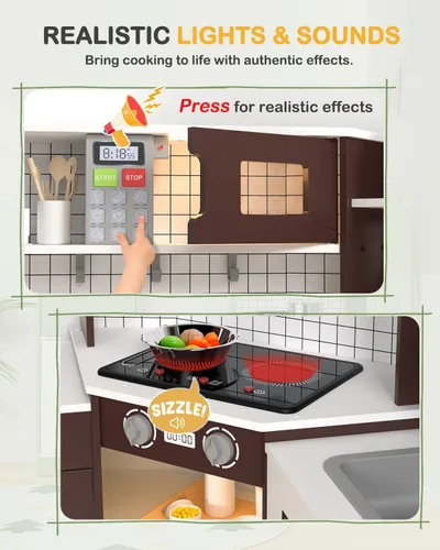 Miniatura 3 de Babytronic Juego de Cocina de Juguete de Madera de Esquina para Niños con Luces y Sonidos, Set de Cocina de Juguete con Estufa, Microondas, Máquina
