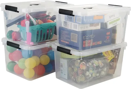 Miniatura 9 de Paquete de 4 cajas de almacenamiento de plástico de 10 L, caja de almacenamiento transparente con tapa Secure Side Buckle Latches, Dustproof Lid
