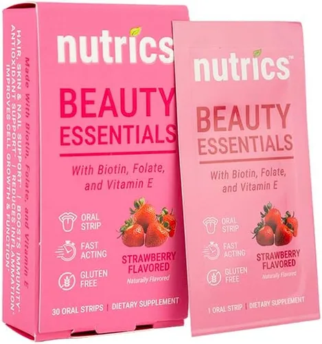 Beauty Essentials - Tiras disolventes con vitamina E, folato y biotina, suplemento para el crecimiento del cabello para una piel brillante y uñas