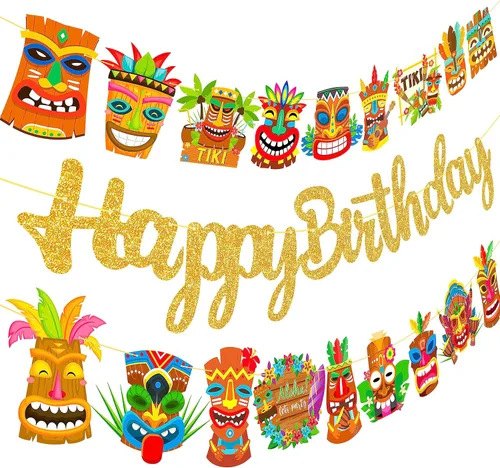 Miniatura 2 de Hawai Luau - Pancarta hawaiana de Tiki para fiesta de cumpleaños, 3 unidades, decoración de fiesta de Aloha para colgar, guirnaldas de Tiki