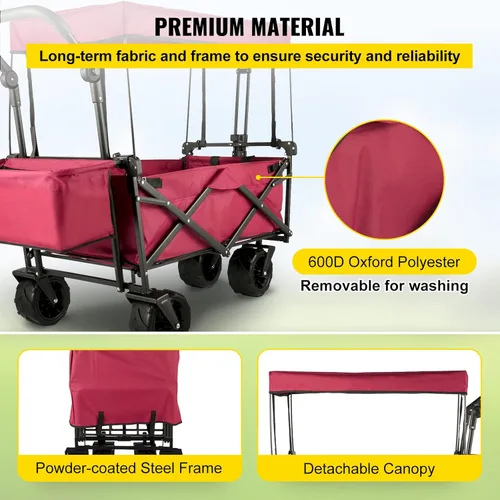 Miniatura 4 de Happbuy Vagón Plegable con Toldo Extraíble, 220lbs Vagón de Playa Plegable de Servicio Pesado con Ruedas Grandes Rojo