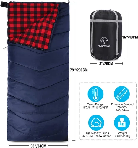 Miniatura 4 de REDCAMP Saco de Dormir de Franela de Algodón para Camping y Mochileros, Saco de Dormir para Adultos para Climas Fríos con Relleno de 2/3/4/6lbs