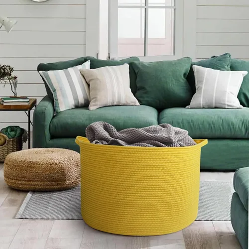 Miniatura 6 de MEGASKET Cesta amarilla extragrande, 22 x 22 x 14 pulgadas, cuerda de algodón, decoración amarilla para sala de estar, dormitorio, cesta tejida