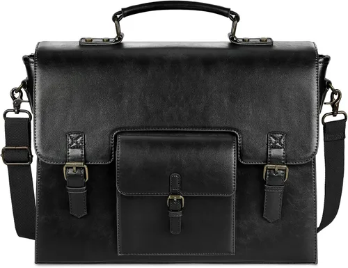 Bolsa de mensajero de cuero para hombres y mujeres, 15.6 pulgadas, impermeable, de cuero vintage, maletín para laptop, bolso de hombro grande, bolsa