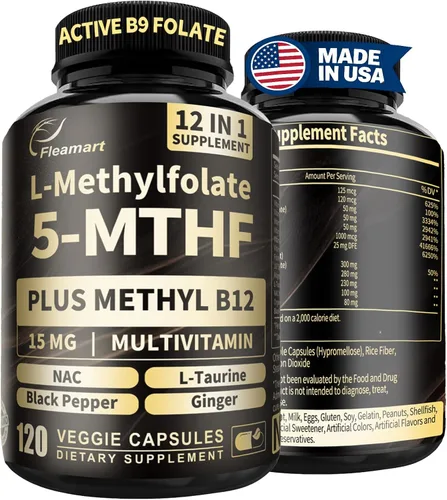 L Metilfolato 15mg Plus Metil B12 - Suplemento metilado de vitamina B9 (5-MTHF) para la salud del cerebro, el estado de ánimo y la energía, alta