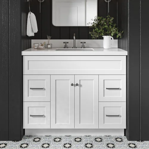 Miniatura 19 de DKB Isabella - Mueble de baño negro de 42 pulgadas con fregadero, lavabo rectangular, encimera de cuarzo blanco puro y protector contra salpicaduras