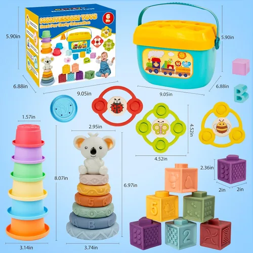 Miniatura 5 de Juguetes Montessori para bebés de 6–12–18 meses con clasificador sensorial de formas, juego de emparejamiento, caja de vasos apilables, anillo