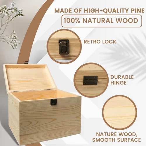 Miniatura 3 de Caja de madera sin terminar de 10 x 7 x 7 pulgadas con tapa con bisagras y cierre frontal para bricolaje, proyectos de arte, manualidades, recuerdos