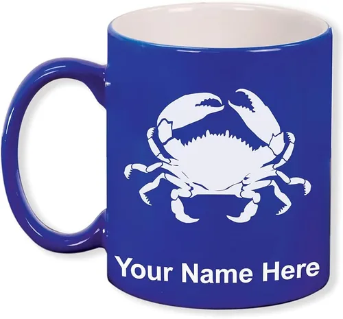 LaserGram Taza de café redonda de cerámica de 11 onzas, cangrejo, grabado personalizado incluido (azul oscuro)