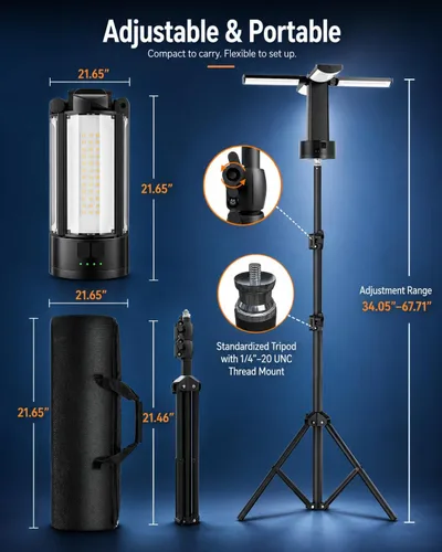 Miniatura 6 de Luces de camping recargables con soporte, luz de trabajo portátil de 6000 K, 4 cabezales de lámpara LED, linterna magnética con trípode desmontable