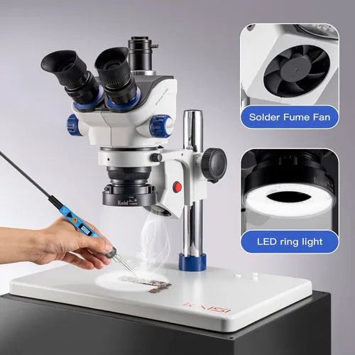 Miniatura 5 de Kaisi Microscopio de soldadura profesional TX-350E, microscopio estéreo trinocular, aumento 7X-50X y oculares de campo ancho WF10x23, microscopios