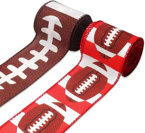 Miniatura 10 de 2 rollos de cintas de fútbol americano de 2.5 pulgadas x 10 yardas para lazos, cintas deportivas de arpillera con borde con alambre para envolver