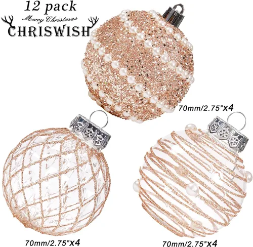 Miniatura 2 de 12 unidades de esferas de Navidad de adorno en oro rosa, irrompibles, de plástico transparente, grandes, decoración para árbol de Navidad, delicados