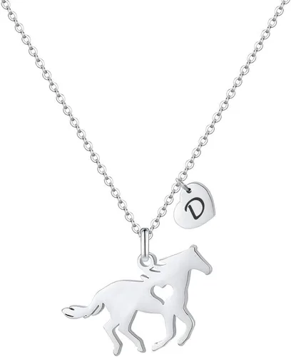 Miniatura 10 de MONOOC Collar de regalo para niñas con colgante de caballo - Collar de caballo delicado de acero inoxidable con corazón, 26 iniciales de la A a la Z