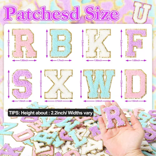 Miniatura 2 de NICEVINYL Parches de letras de chenilla autoadhesivas: 104 piezas de parches de letras preppy de colores mixtos - Parche de iniciales universitarias