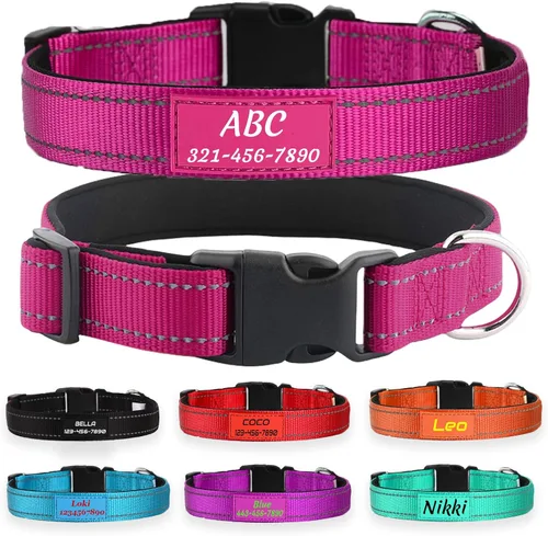 Miniatura 12 de Collar de perro de nailon reflectante personalizado con nombre y número de teléfono personalizados, 5 tamaños y 3 fuentes, acolchado de neopreno