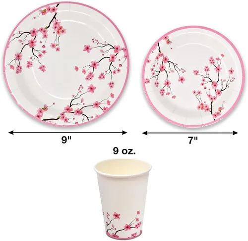 Miniatura 2 de Gift Boutique Juego de 96 piezas de suministros de fiesta de flor de cerezo rosa, plato de papel, vaso, servilleta, flores florales de primavera