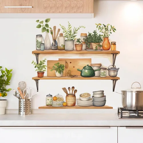 Calcomanías de pared para estante de utensilios de cocina, diseño de plantas verdes en maceta, vinilo extraíble para cocina, comedor, restaurante,