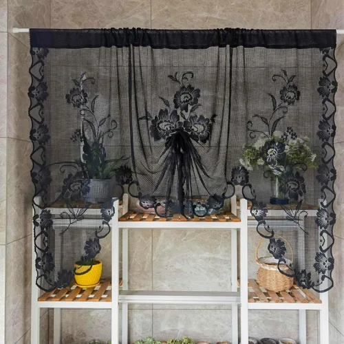 Miniatura 8 de ZZC Cortinas francesas cortas de encaje transparente, románticas, con lazo, media transparente, panel de cortina de encaje floral, cenefa negra