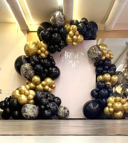 Miniatura 4 de Bezente Kit de guirnalda de globos de oro negro, 100 globos de confeti cromado metálico dorado negro y dorado con cinta para Año Nuevo 2026, boda