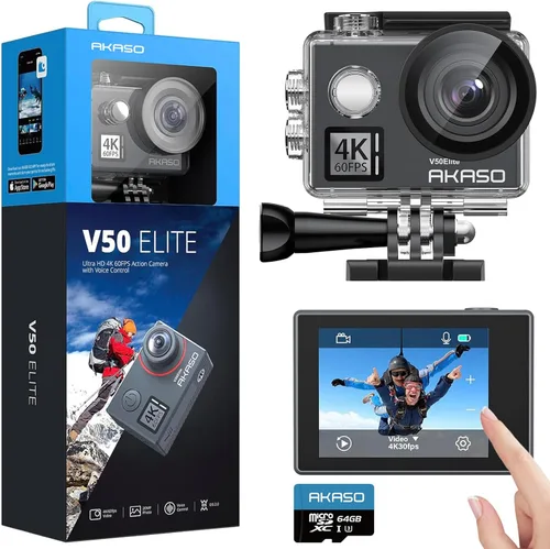 AKASO V50 Elite 4K60fps Pantalla táctil WiFi Cámara de acción Control de voz EIS 131 pies Cámara impermeable 8X Zoom Control remoto (con tarjeta