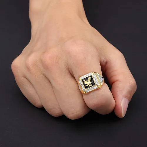 Miniatura 5 de Anillo de águila de oro de 14 quilates para hombre, circonita cúbica, anillo de águila americana
