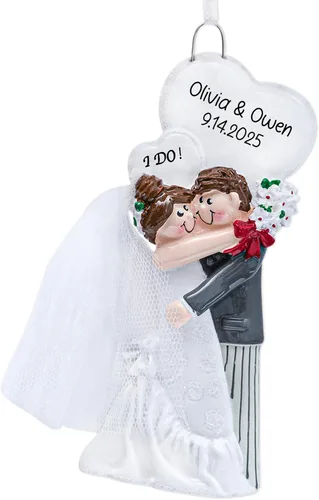 Miniatura 16 de Adorno personalizado de nuestro primer matrimonio de Navidad 2026 Pareja recién casada en auto de boda vintage para árbol de Navidad Regalo