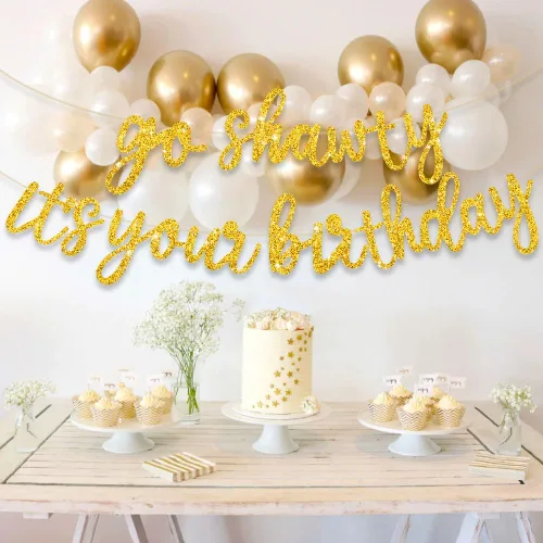 Miniatura 5 de BEISHIDA Pancarta "Gold Go Shawty It's Your Birthday" – 11.4 pies, NO DIY, pancarta de feliz cumpleaños con temática de hip hop con purpurina, Oro