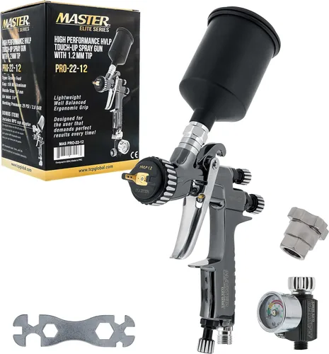 Master Elite Performance PRO-22 HVLP Pistola de pulverización de pintura a aire con punta de 0.039 pulgadas, taza de 150ml, manómetro de presión de