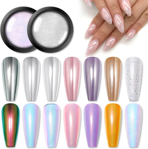 Miniatura 10 de BORN PRETTY Polvo de uñas cromado, polvo cromado holográfico de espejo metálico de perla blanca para uñas, kit de polvo de pigmento con purpurina
