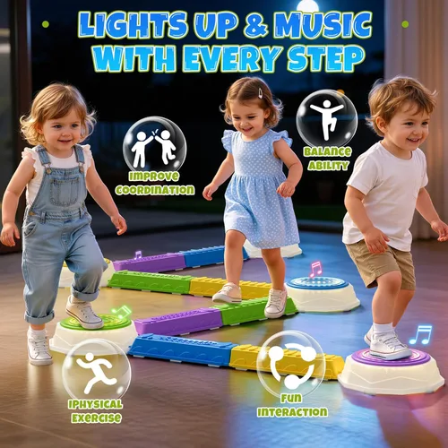 Miniatura 2 de Wee Wonders Piedras iluminadas y haz de equilibrio para niños, piedras de paso con música de piano, juego giratorio y 30 tarjetas, juguetes