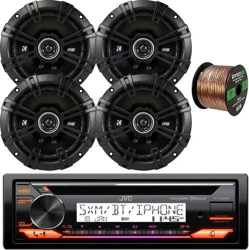 JVC KD-T92MBS Single DIN Marine Motorsports Bluetooth AM/FM USB AUX Reproductor de CD Receptor estéreo con (cantidad 4) Kicker 6.5 pulgadas 240