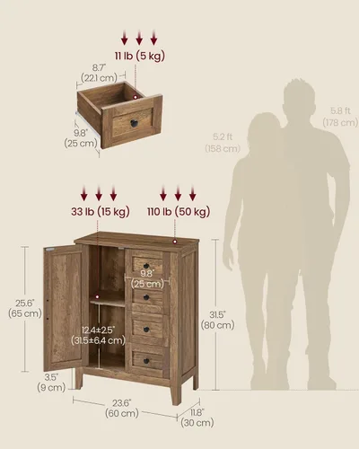 Miniatura 3 de VASAGLE LIRY Collection UBBK753K01 - Armario de almacenamiento, armario de baño de granja con 4 cajones, organizador de almacenamiento Marrón miel