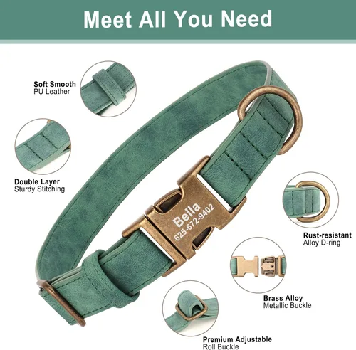 Miniatura 5 de Collares de perro personalizados para cachorros, collar de perro de cuero PU suave personalizado con nombre y número de identificación grabados