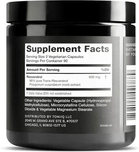 Miniatura 2 de Toniiq Cápsulas de Resveratrol de ultra alta pureza - 98% Trans-Resveratrol - Altamente purificado y biodisponible - 180 cápsulas Suplemento