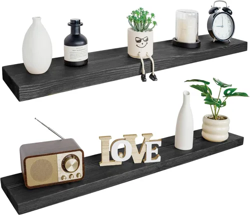Miniatura 57 de BGMG Estantes flotantes de madera de 12 pulgadas, estantes flotantes negros, estantes de pared de madera maciza para baño, sala de estar