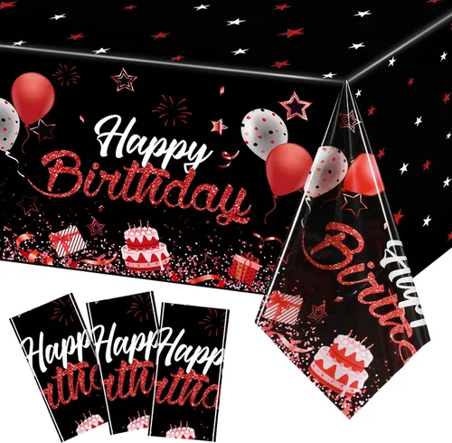 Miniatura 8 de Breling - Paquete de 3 manteles de plástico con diseño de feliz cumpleaños, decoración de feliz cumpleaños, manteles rectangulares de confeti